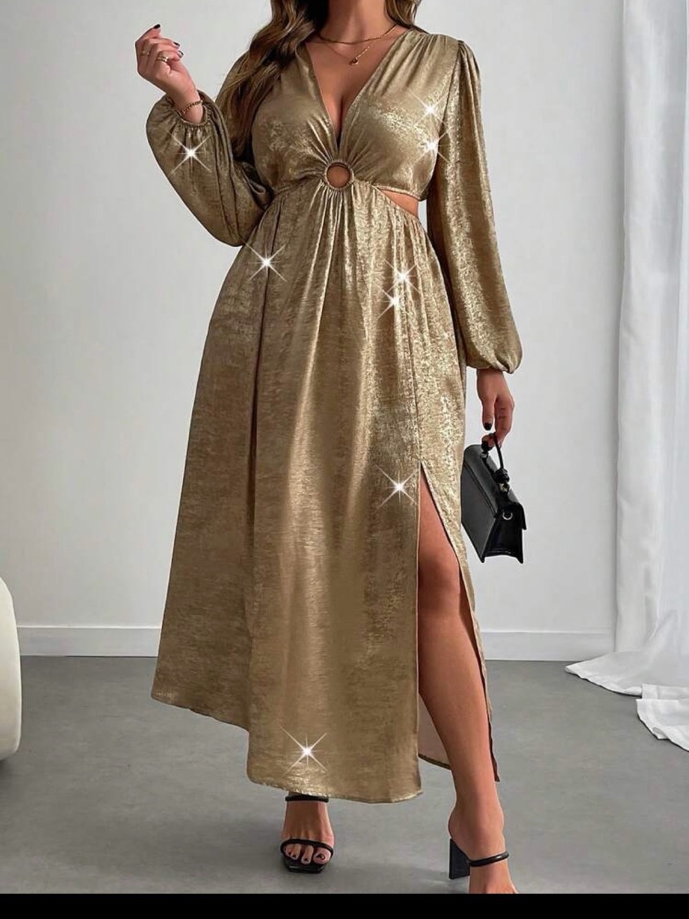 Gold Ring-Front Velvet Maxi Dress with Side Slit
